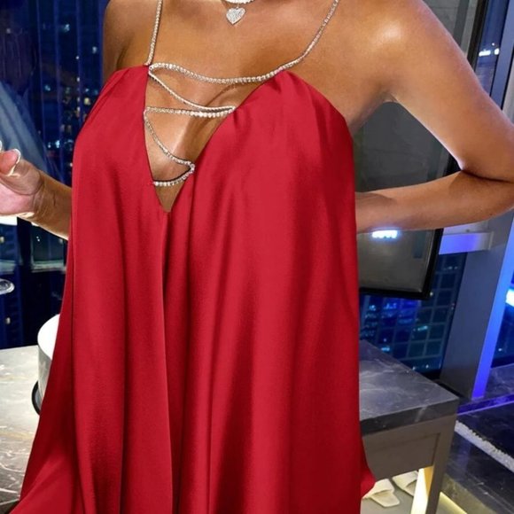 Rhinestone Strap Cami Mini Dress RED - Picture 5 of 5